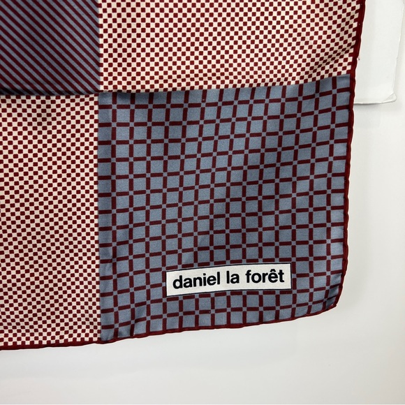 Daniel la Foret Silk Scarf Checkered Geometric Burgundy Handrolled Hem - Picture 4 of 6